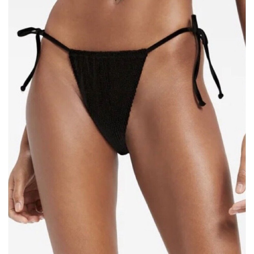 Good American Always Fits Tint Ties Crinkle Ribbed Black Bikini Bottom S M 1\2
